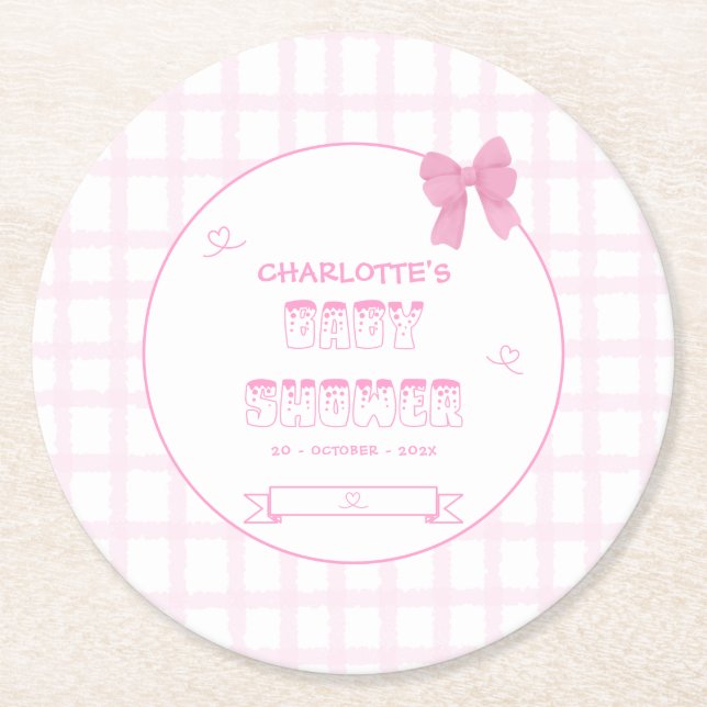 Cute Bow Pastel Pink Gingham Baby Shower Round Paper Coaster (Front)
