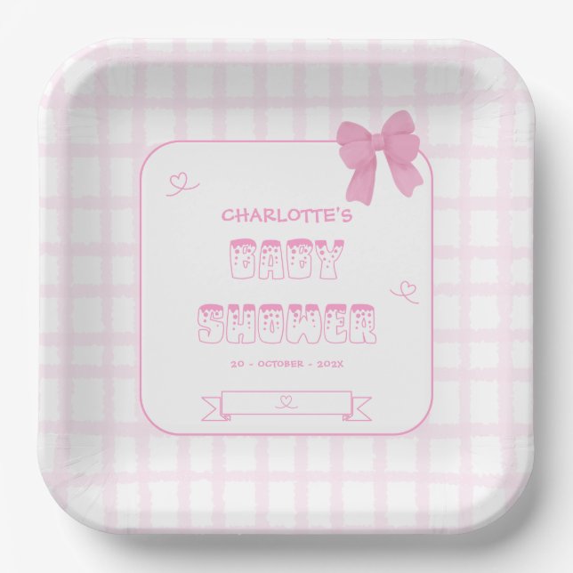 Cute Bow Pastel Pink Gingham Baby Shower Square Paper Plate (Front)