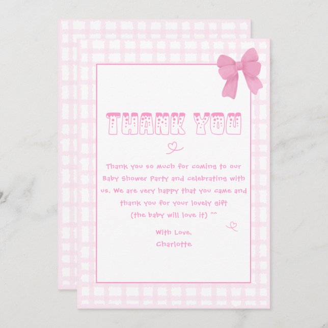 Cute Bow Pastel Pink Gingham Baby Shower Thank You Card (Front/Back)