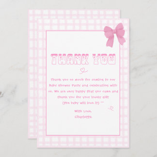Cute Bow Pastel Pink Gingham Baby Shower Thank You Card