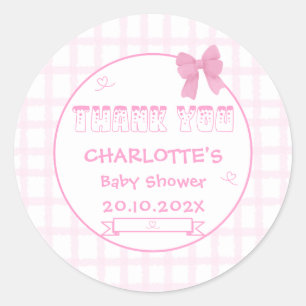 Cute Bow Pastel Pink Gingham Baby Shower Thank You Classic Round Sticker