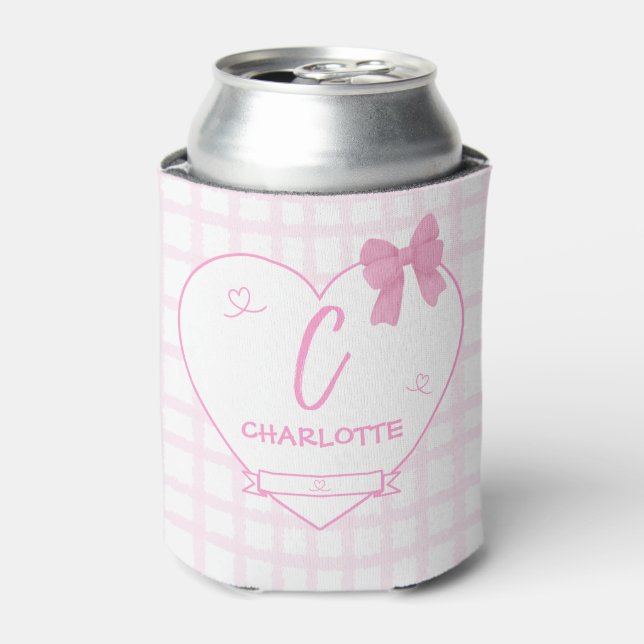 Cute Bow Pastel Pink Gingham Personalise Can Cooler (Can Front)