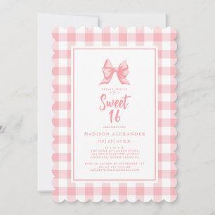 Cute Bow Pastel Pink White Gingham Check Birthday Invitation