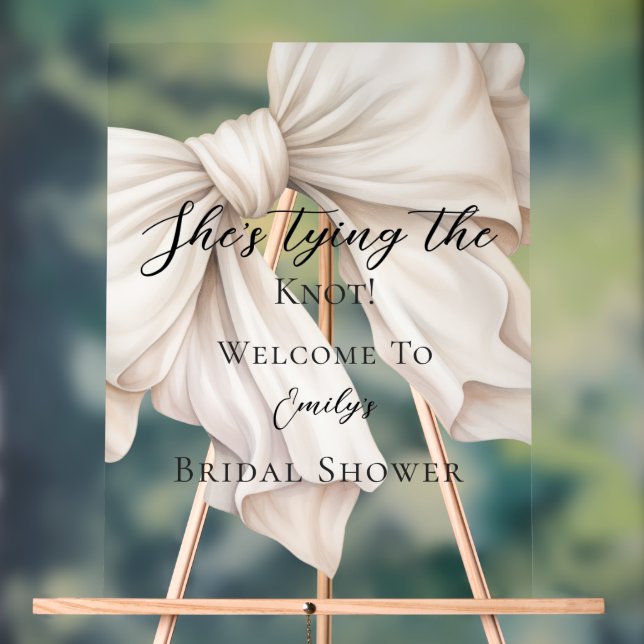 Cute Bow She's Tying the Knot Bridal Shower Acrylic Sign (Neutral)