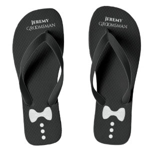 Cute Bow Tie & Buttons Black Groomsman Wedding Flip Flops
