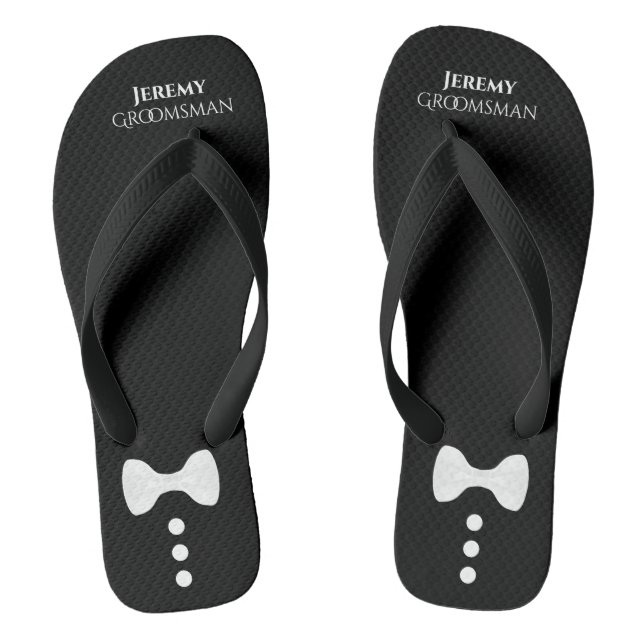 Cute Bow Tie & Buttons Black Groomsman Wedding Flip Flops (Footbed)