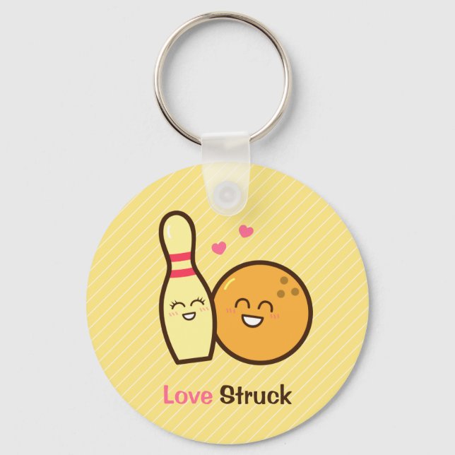Cute Bowling Ball and Pin Love Struck Pun Keychain (Front)