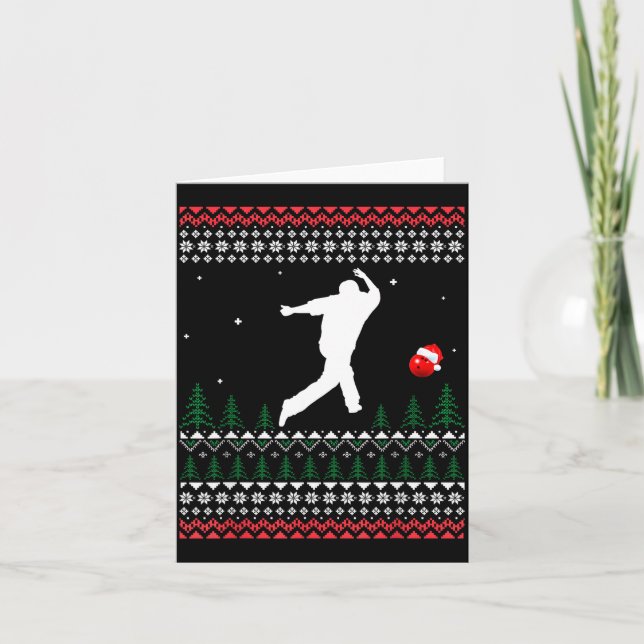 Cute Bowling Player Santa Claus Hat Ugly Christmas Card (Front)