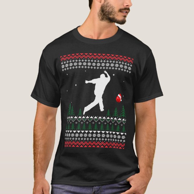 Cute Bowling Player Santa Claus Hat Ugly Christmas T-Shirt (Front)