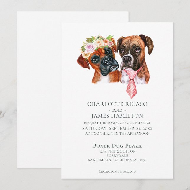 Cute Boxer Dog Bride and Groom Wedding Invitation (Front/Back)