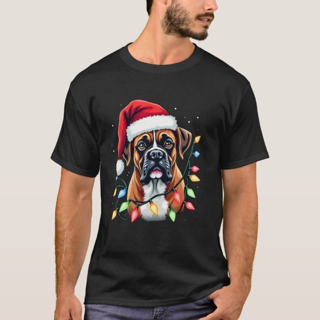 Cute Boxer Dog Christmas Lights Festive Dog Lover  T-Shirt (Front)