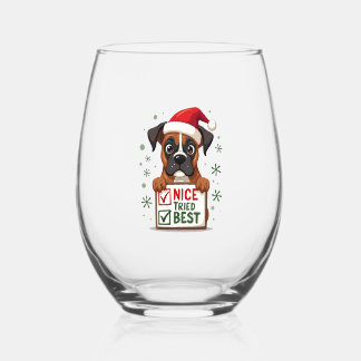 Cute Boxer dog Dog Christmas Nice Tried my Best  ( Stemless Wine Glass