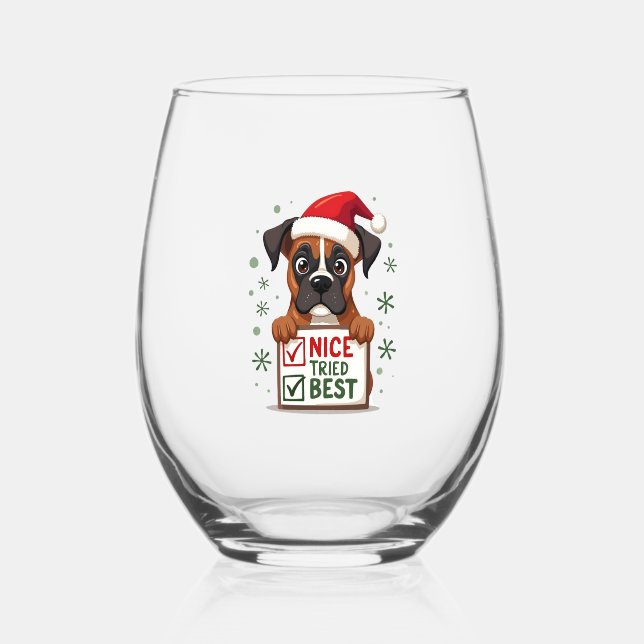 Cute Boxer dog Dog Christmas Nice Tried my Best  ( Stemless Wine Glass (Front)