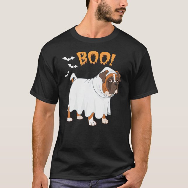 Cute Boxer Dog Dressed Ghost Halloween Funny Boo T-Shirt (Front)