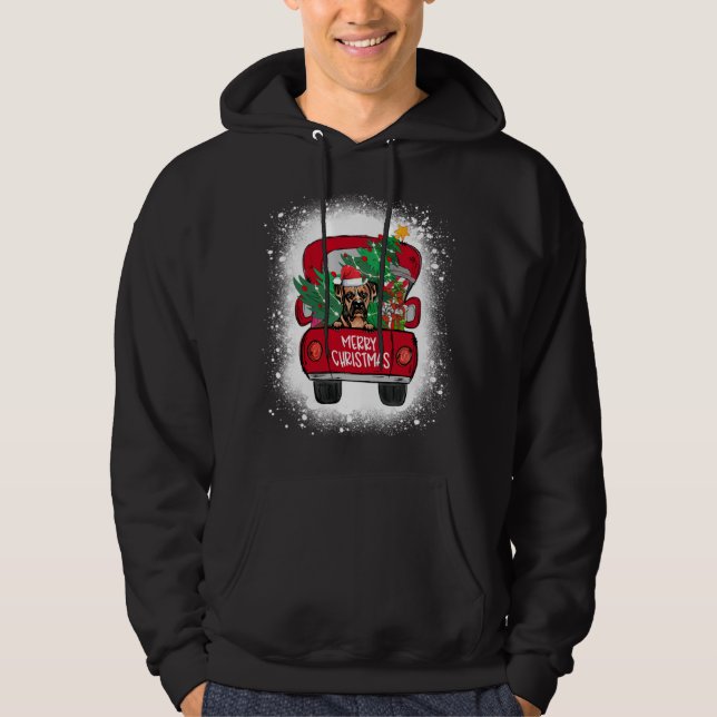 Cute Boxer Dog Red Truck Merry Christmas Bleached Hoodie (Front)