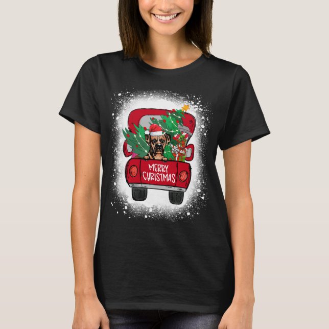Cute Boxer Dog Red Truck Merry Christmas Bleached T-Shirt (Front)