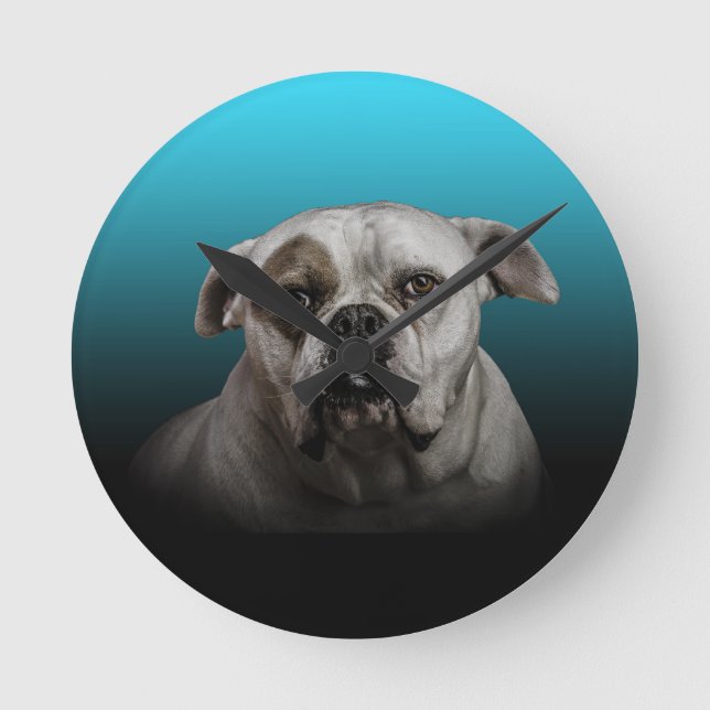 Cute Boxer Dog w Blue Black Gradient  background Round Clock (Front)