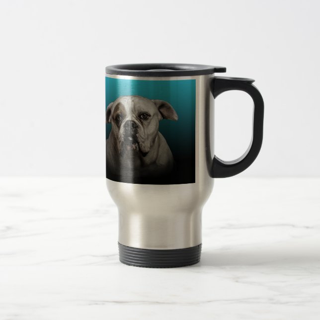 Cute Boxer Dog w Blue Black Gradient  background Travel Mug (Right)