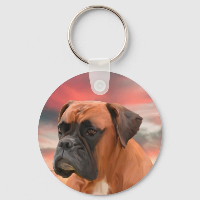 Cute Boxer Dog Water Colour Oil Painting Art Key Ring (Front)