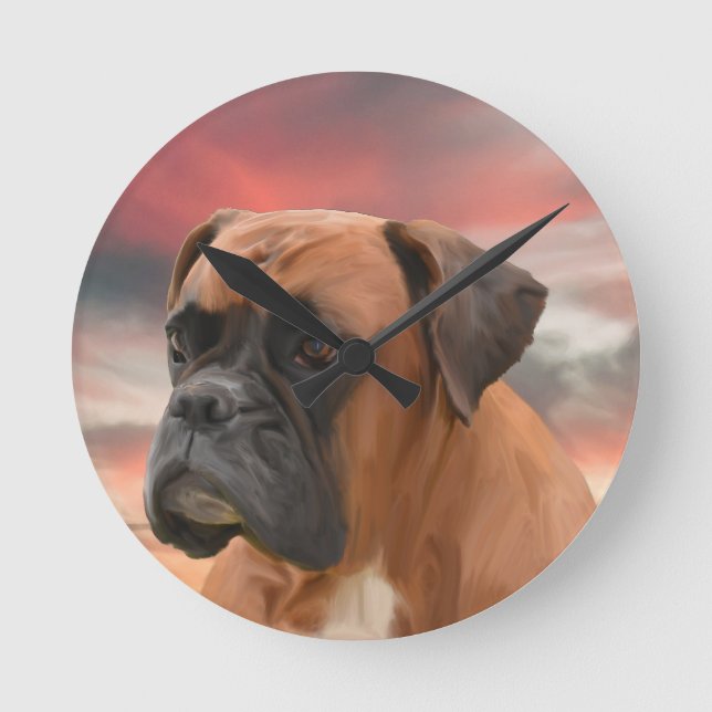 Cute Boxer Dog Water Colour Oil Painting Art Round Clock (Front)