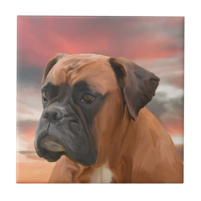 Cute Boxer Dog Water Colour Oil Painting Art Tile (Front)