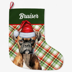 Cute Boxer Dog with Holiday Plaid Personalised Large Christmas Stocking