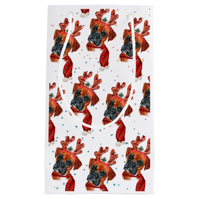 Cute Boxer Dog with Reindeer Antlers Christmas Small Gift Bag (Front)