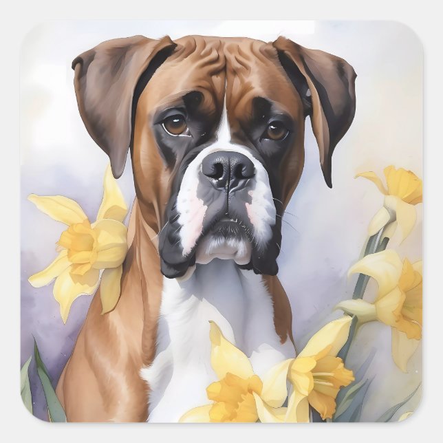 Cute Boxer Dog With Yellow Daffodils Watercolor Square Sticker (Front)