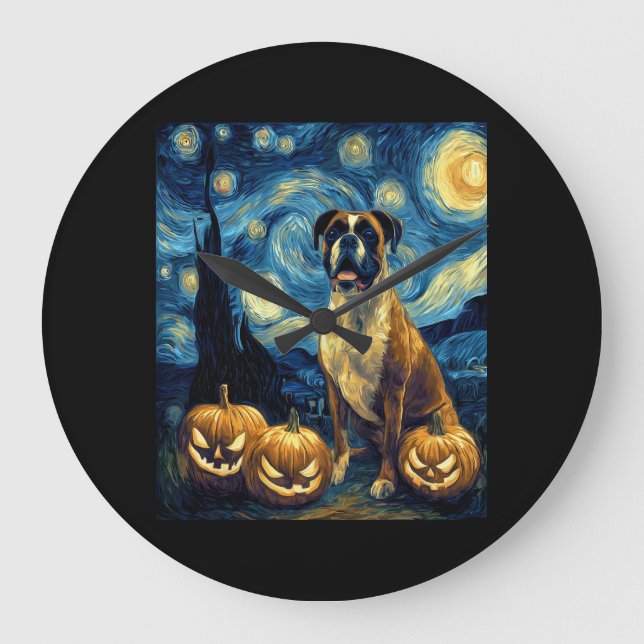 Cute Boxer Halloween Jack O Lantern Pumpkin Face S Large Clock (Front)