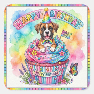 Cute Boxer Puppy Happy Birthday Cupcake Watercolor Square Sticker