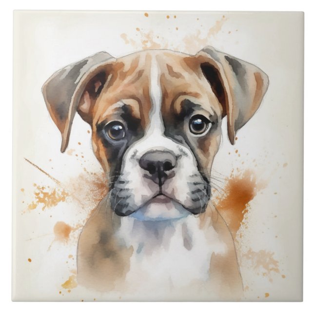 Cute Boxer Puppy Watercolor Tile (Front)