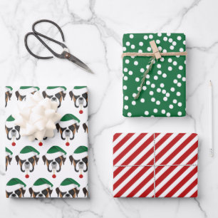 Cute Boxer & Red Striped Christmas Wrapping Paper Sheet