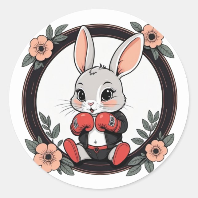 Cute Boxing Bunny with Flowers Classic Round Sticker (Front)