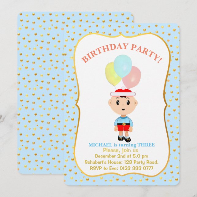 Cute Boy 3rd Birthday Invitation (Front/Back)