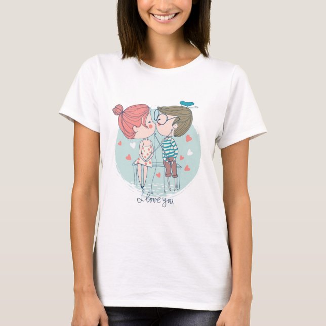 Cute Boy and Cute Girl kissing - Kiss love romance T-Shirt (Front)