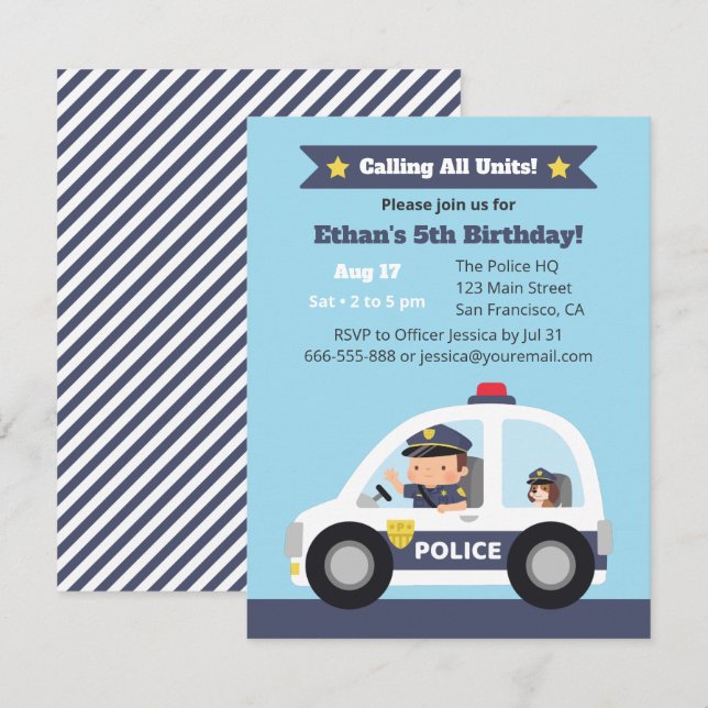 Cute Boy and Dog in Police Car Birthday Party Invitation (Front/Back)