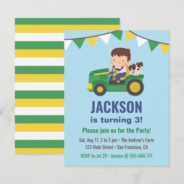 Cute Boy and Dog On Tractor Birthday Party Invitation (Front/Back)