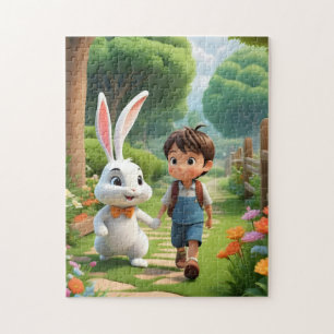 Cute Boy and Giant White Rabbit Garden Puzzle