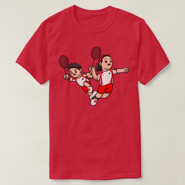 Cute Boy And Girl Playing Badminton Cartoon T-Shirt (Design Front)