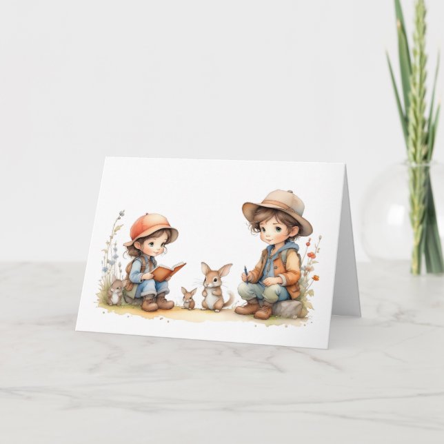 Cute Boy and Girl Reading Book Rabbits Flowers Card (Front)
