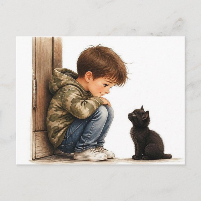 Cute Boy and Little Black Kitten Postcard (Front)