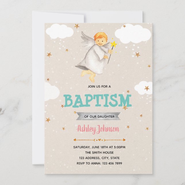 Cute boy angel baptism invitation (Front)