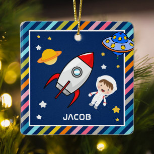 Cute Boy Astronaut Outer Space Rocket Kids Room Ceramic Ornament