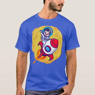 Cute Boy Astronaut Riding Rocket Cartoon T-Shirt