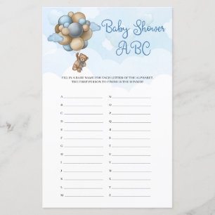Cute Boy baby bear brown balloons Baby Shower ABC