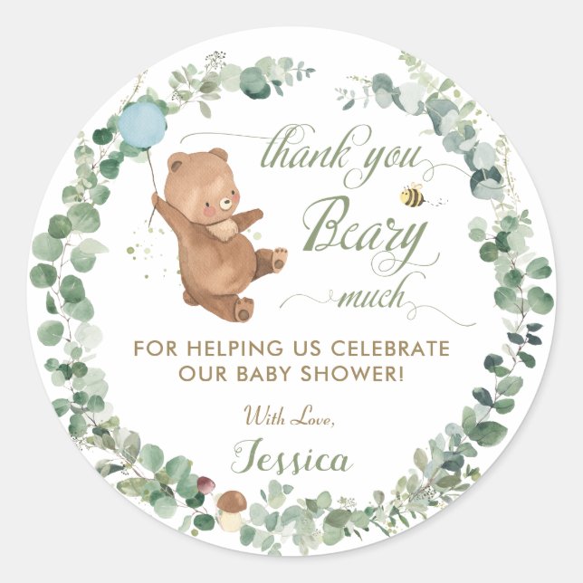 Cute Boy Baby Bear Greenery Wreath Thank You Favou Classic Round Sticker (Front)