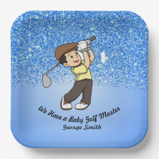 Cute Boy Baby Blue Personalisable Golf Master Paper Plate
