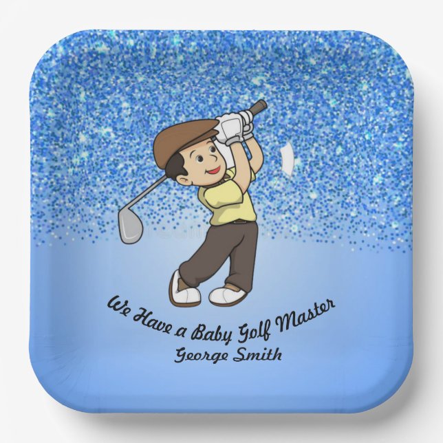 Cute Boy Baby Blue Personalisable Golf Master Paper Plate (Front)