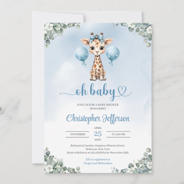 Cute boy baby giraffe eucalyptus baby shower invitation (Front)