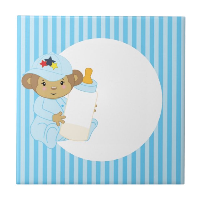 Cute Boy Baby Monkey Holding A Bottle Tile (Front)